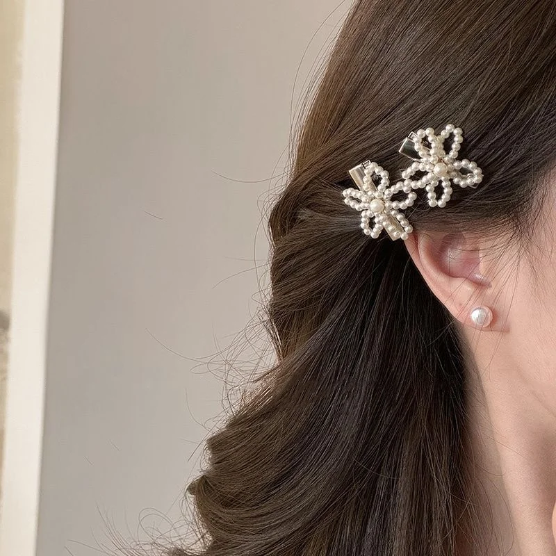 1PC French Pearl Flower Hair Clip Female New High-end Side Clip Side Duckbill Clip Forehead Bangs Clip Headwear