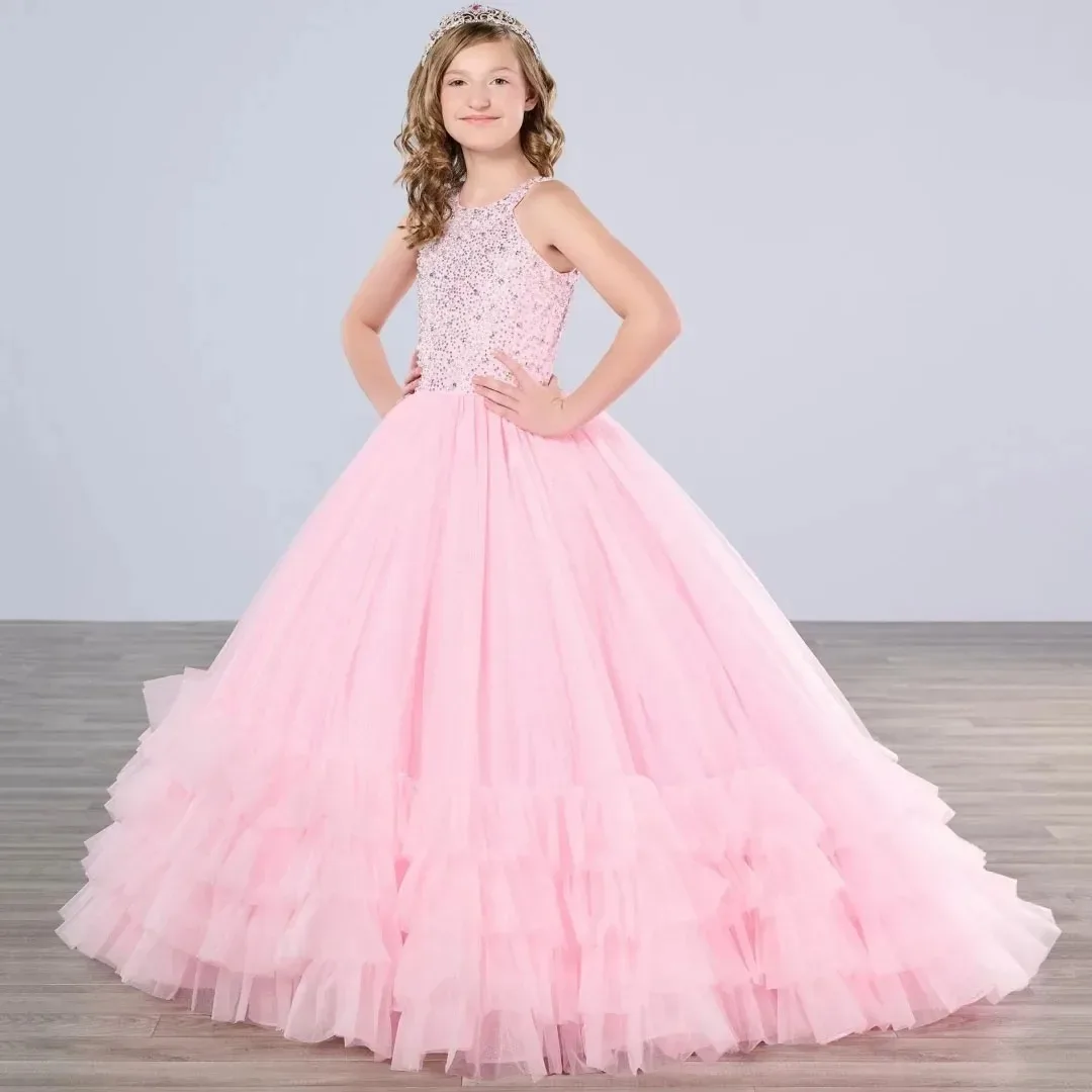 

Pink Flower Girl Dresses for Wedding Sequins Sleeveless Baby Girl Birthday Party Gowns First Communion Gowns Customized