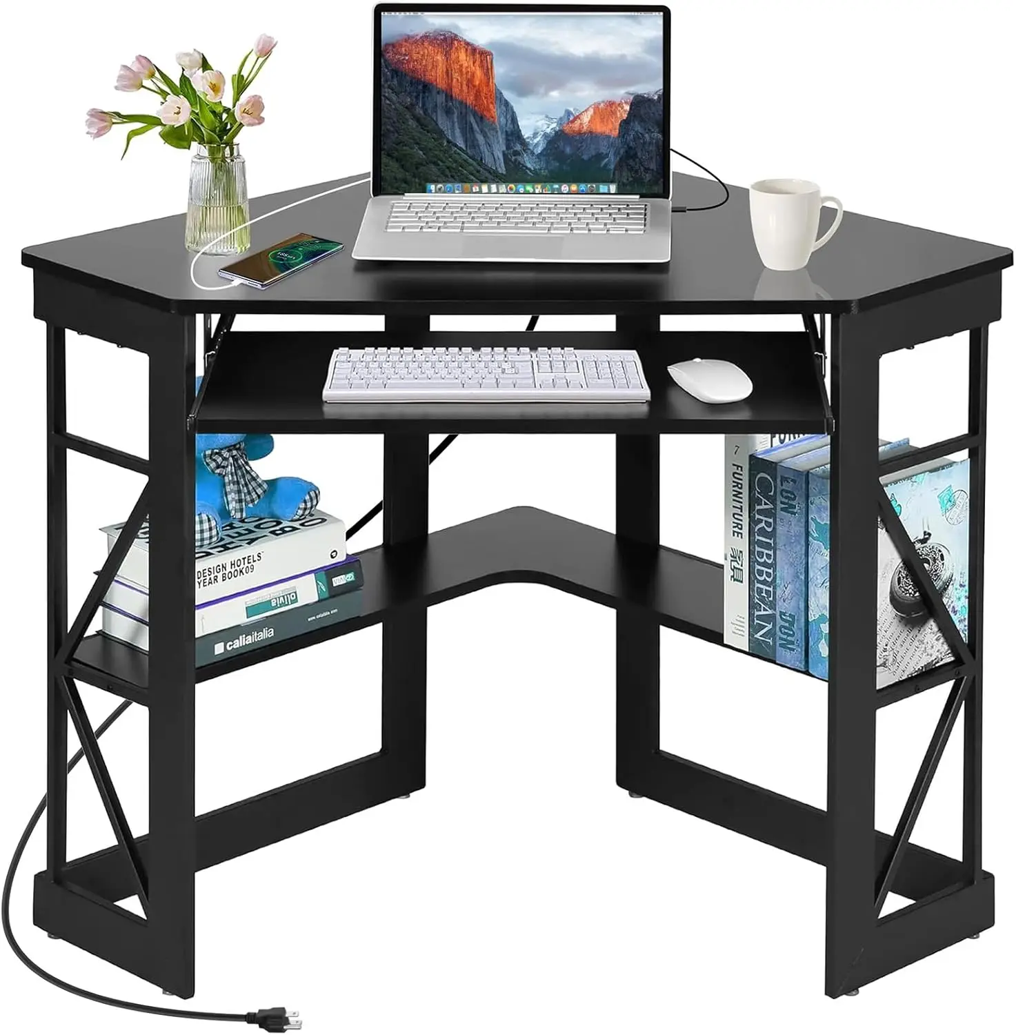 

Компактный угловой стол с зарядной станцией, выдвижной полкой для клавиатуры и полками для небольших помещений, черный стол для домашнего офиса