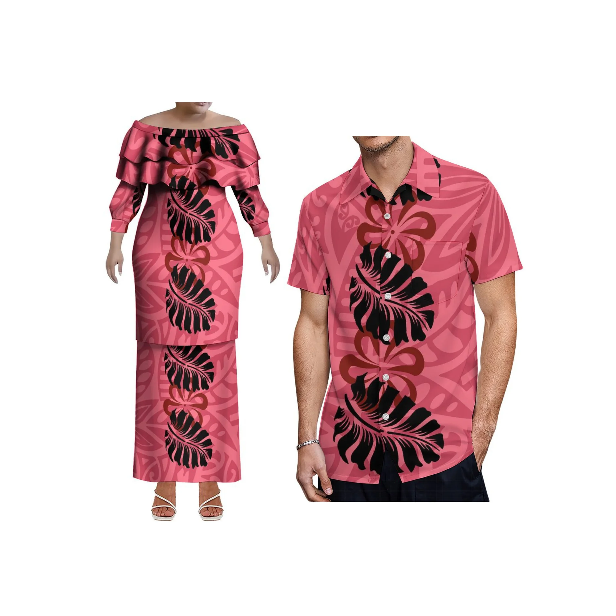 Alta qualidade personalizado tamanho grande tonga puletasi vestido polyensian impressão feminina fora do ombro vestido duplo em camadas plissado 2 peças