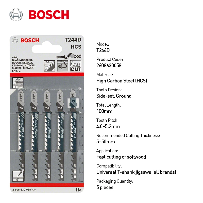 

Профессиональный лобзик Bosch для быстрой резки древесины T244D 100 мм, деревообработка для резки дерева и металла, универсальные лобзики с Т-образным хвостовиком