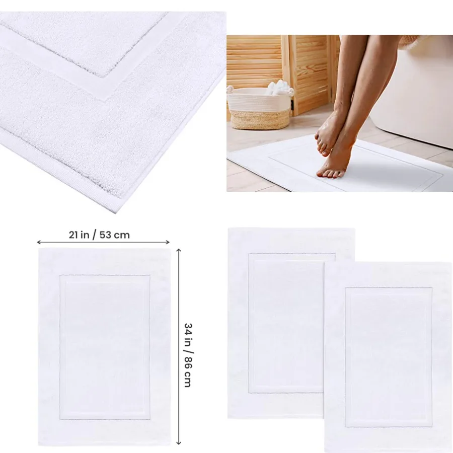 

Cotton Banded Rug, Bath Mats, Not a Bathroom Rug, 21 by 34 Inches, 100% Ring Spun Cotton, Highly Absorbent Shower Bathroom Floor Mat, White, 2 Pack