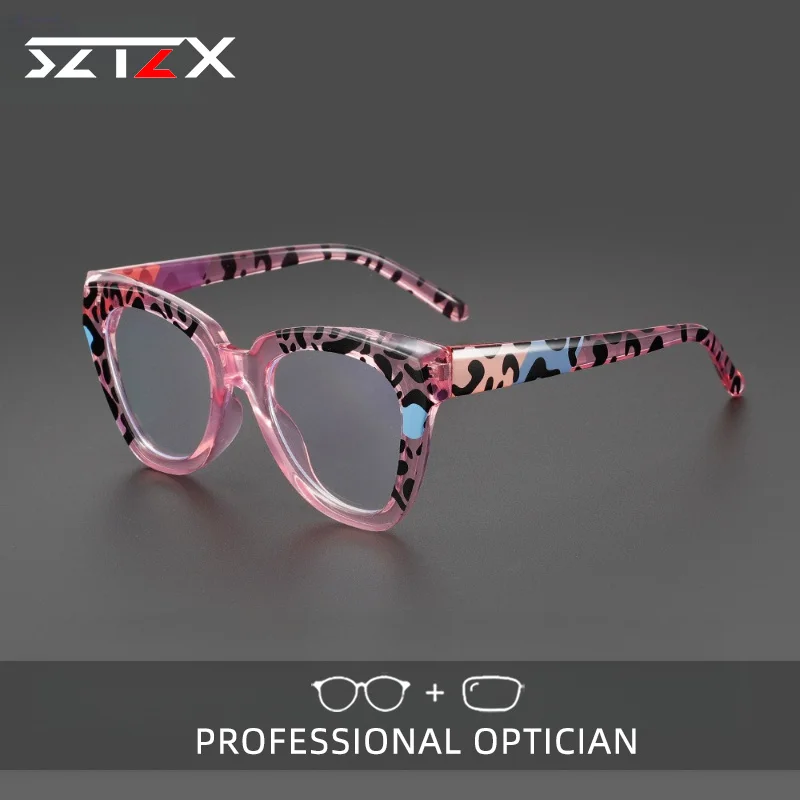 SZTZX New Fashion Colorful Anti Blue Light Women Leopard Myopia Glasses Cat Eye Progressive Prescription Optical Reading Glasses