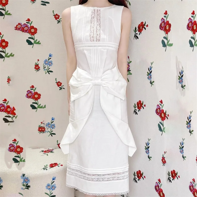 

Women's summer dress New lace patchwork hollow out long dresses for 2025 Bow decoration sleeveless midi dresses party dresses