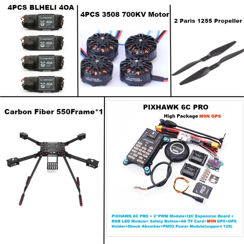F550 Hexa Frame PIXHAWK 6C PRO M8N/M9N/M10 Flight Control Carbon Ardupilot Radio Telemetry Quadcopter 40A ESC 3508 700KV Motor