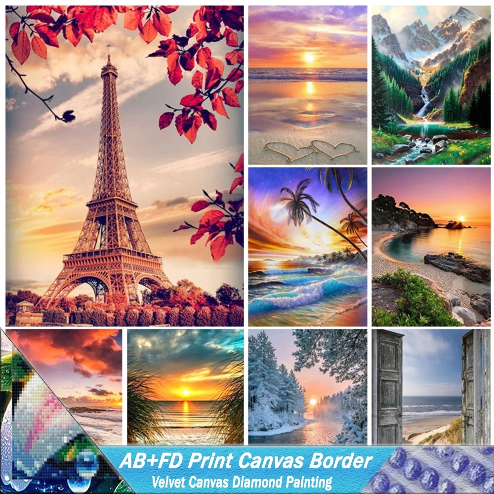 Landscape 5D AB FD Print Canvas Border Diamond Painting Tower Coast Snow Full Square Round Mosaic Painting Rhinestone Embroidery