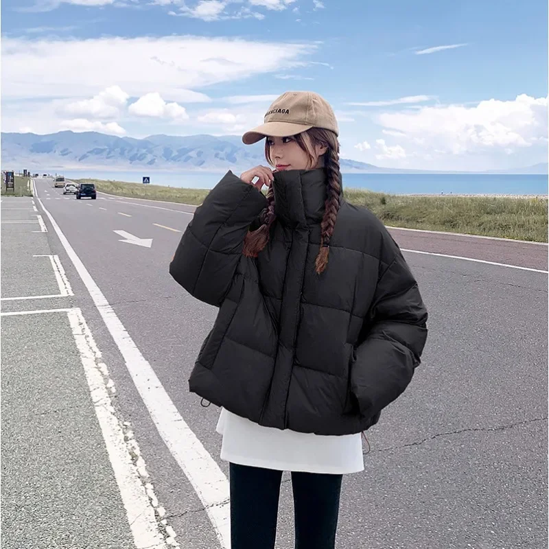 أزياء مزيج اللون سترات المرأة التلبيب زر مخفي أنماط قصيرة تصميم رشاقته معاطف الشتاء فضفاضة سستة سترة امرأة دافئة