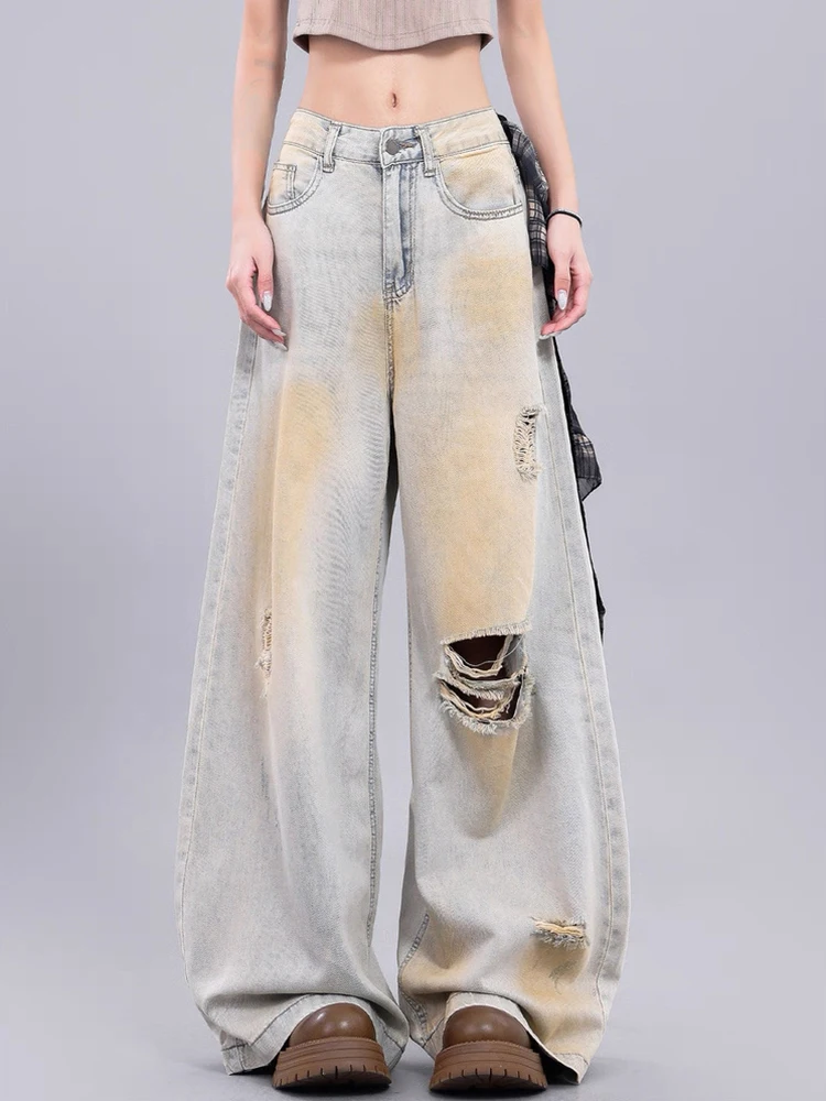 

Retro Wide Leg Jeans for Women Distressed Ripped Denim Pants Summer Loose Plaid Frayed Hem Casual Trousers