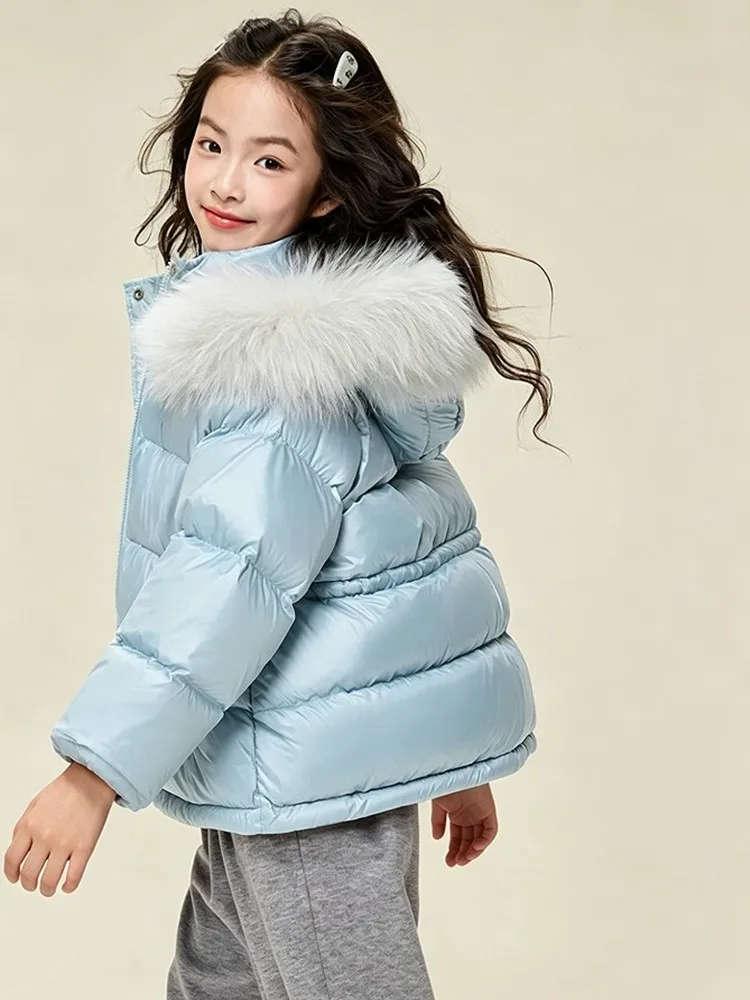 Warmer Winter-Puffermantel für Mädchen, hellblau, abnehmbarer Pelzkragen, mit Kapuze, wasserdicht, dick, Kinder-Oberbekleidung für kaltes Wetter A5105 – Detail 8