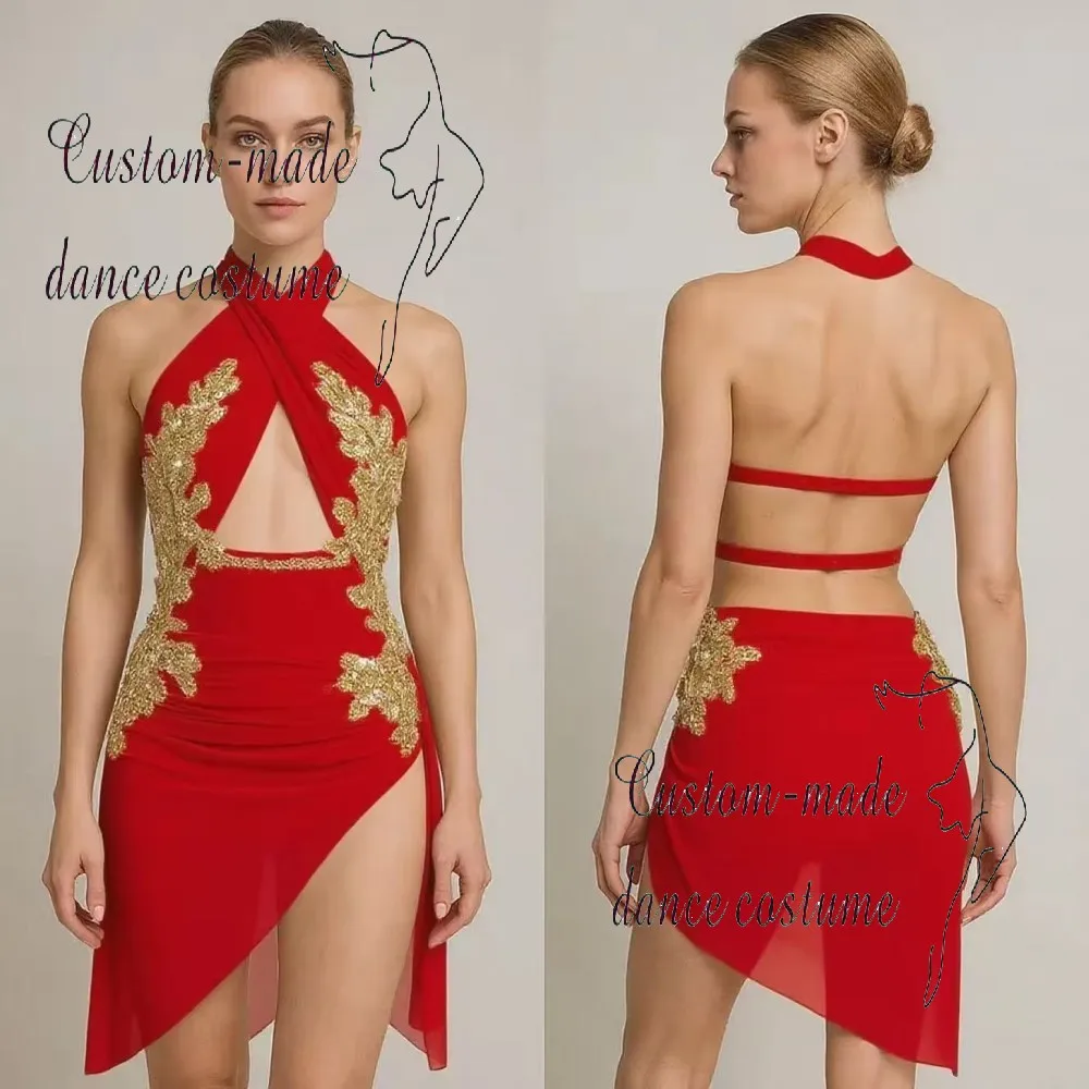 Beżowy strój taneczny na zamówienie, ozdobiony złotymi cekinami, odpowiedni na zawody sceniczne dla dziewcząt i profesjonalistów.