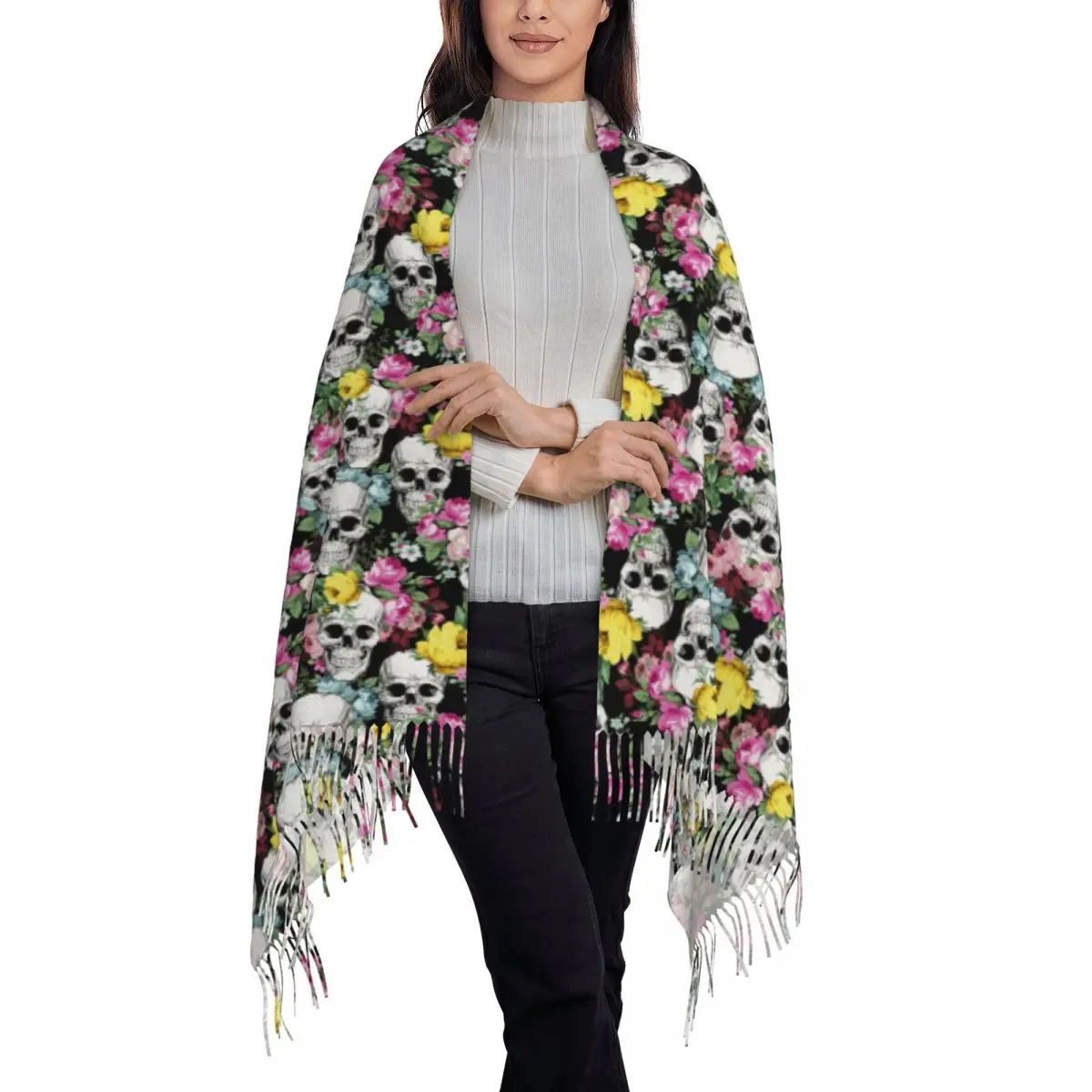 Custom Lady Large Rose Flower Skull Pattern Scarves Women Winter Fall Soft Warm Tassel Shawl Wraps Halloween Gothic Scarf