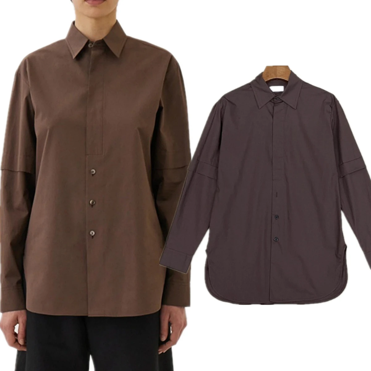 

Женская свободная хлопковая рубашка Maxdutti во французском минималистском стиле, коричневая, с длинными рукавами, для повседневной носки