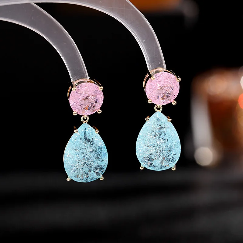 Korean Version New Color Block Earrings for Women Sweet Temperament Simple S925 Silver Needle Ice Crack Zircon Water Drop