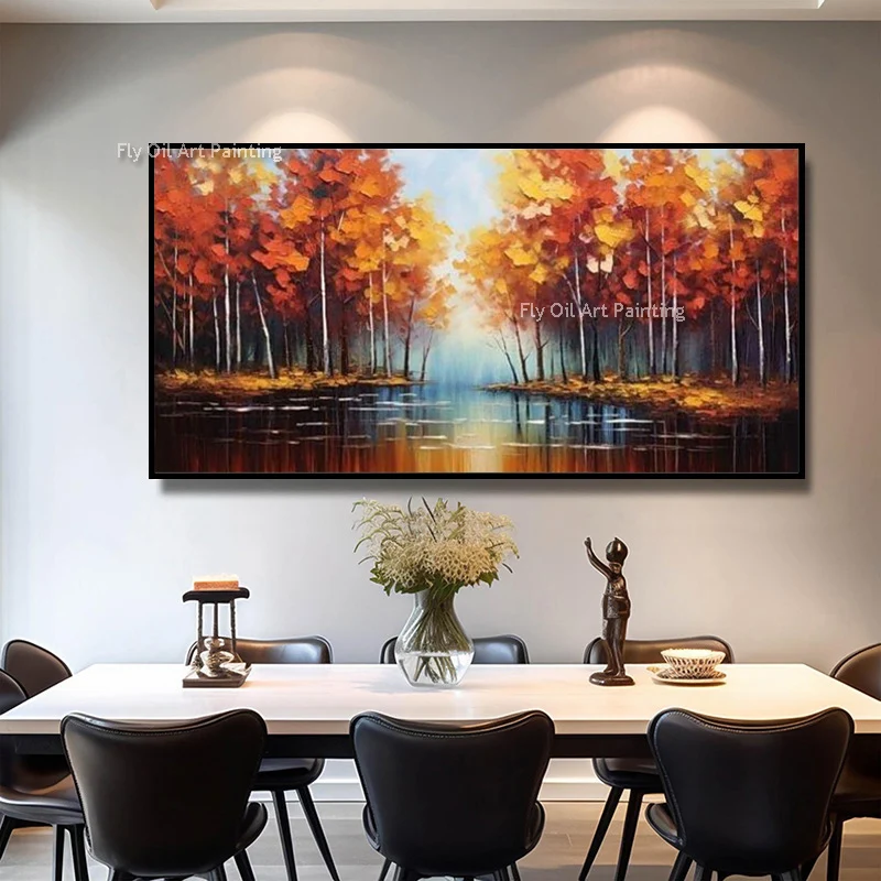 Handmade Red Orange Autumn Forest Landscape Oil Painting On Canvas New Simple Green Yellow Tree Lake Home Wall Art Decor Items