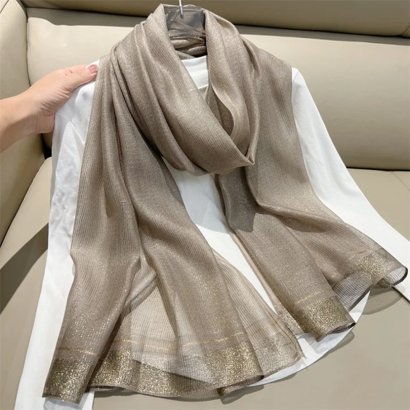 Women\'s Spring and Summer Thin -Proof Shawl Sun-Proof 2024 New Fashion Pure Color Silk Large Gauze Scarf