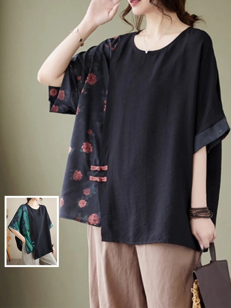レトロなボタンスプライス花柄コットンリネンTシャツ、大きいサイズ、女性用、丸首、お腹を隠す、スリム効果、アシンメトリー...