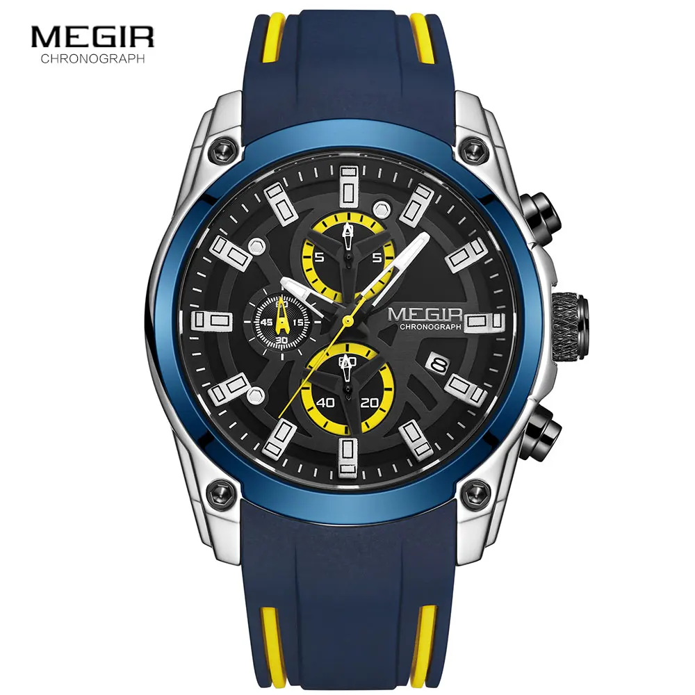 MEGIR-Pulsera de lujo para hombres, reloj deportivo masculino, de estilo militar, impermeable, con correa azul de silicona, luminoso, de marca superior, a la moda