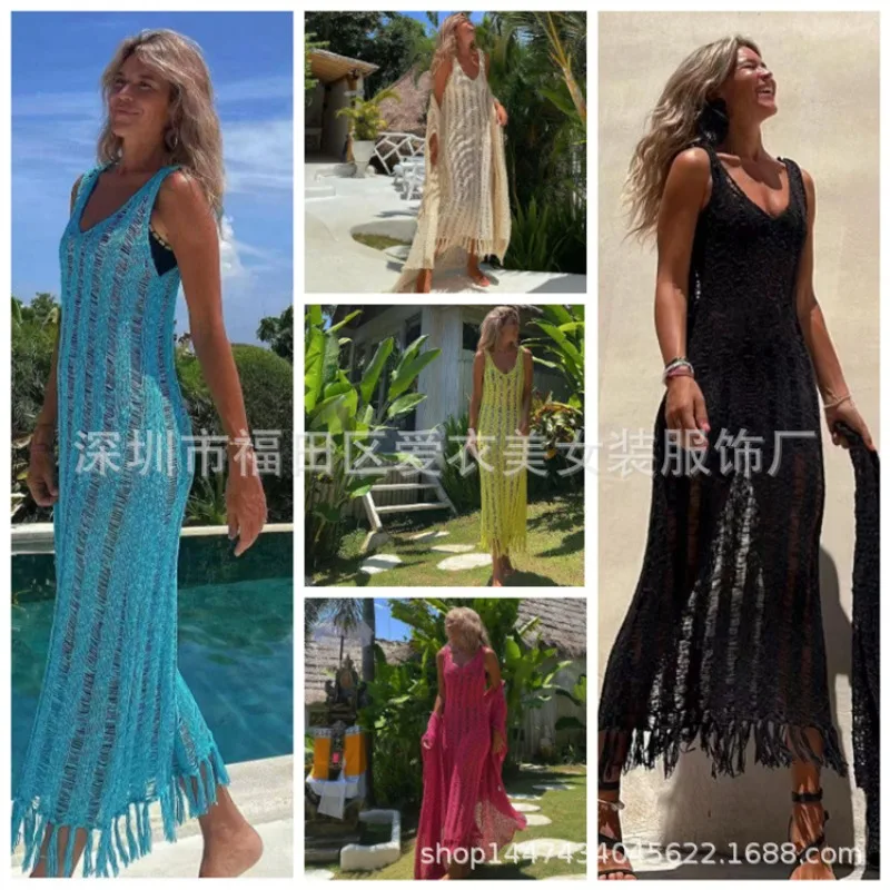 Frühlings- und Sommer-Neuheit: Sexy, durchbrochenes Pullover-Strickkleid mit Quasten, superlang
