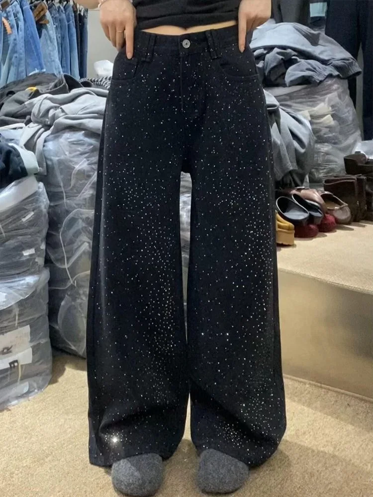 

Женские джинсы из плотного денима со стразами, с высокой талией, прямые, свободные, удлиненные, для повседневной носки, модные, для офиса