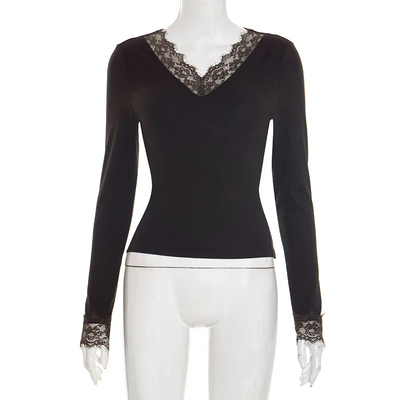 Women's V-neck Lace Trim Waist-cinching Top Autumn New Style Long Sleeve Straight Arm Chinese Style Clothing Fashionable Blouse