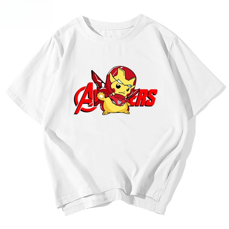 

Футболка с короткими рукавами Iron Man Joint Pikachu для мальчиков и девочек, забавная футболка с половиной рукавов, спортивная повседневная футболка с короткими рукавами