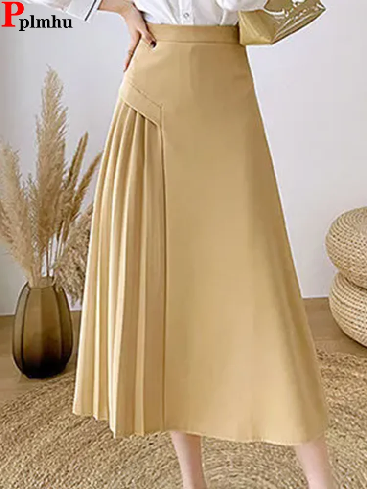 

Korean Irregular Design Loose A-lined Skirts Women Casual High Waist Pleated Faldas Spring Fall Classic Solid Midi Length Jupe