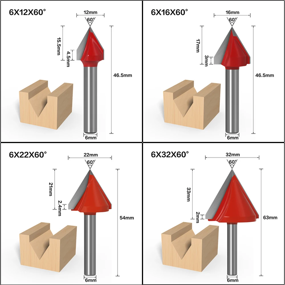 6mm V Bit-1PCS,CNC solid carbide end mill,tungsten steel woodworking milling cutter,3D wood MDF router bit,60 90 120 150 degrees