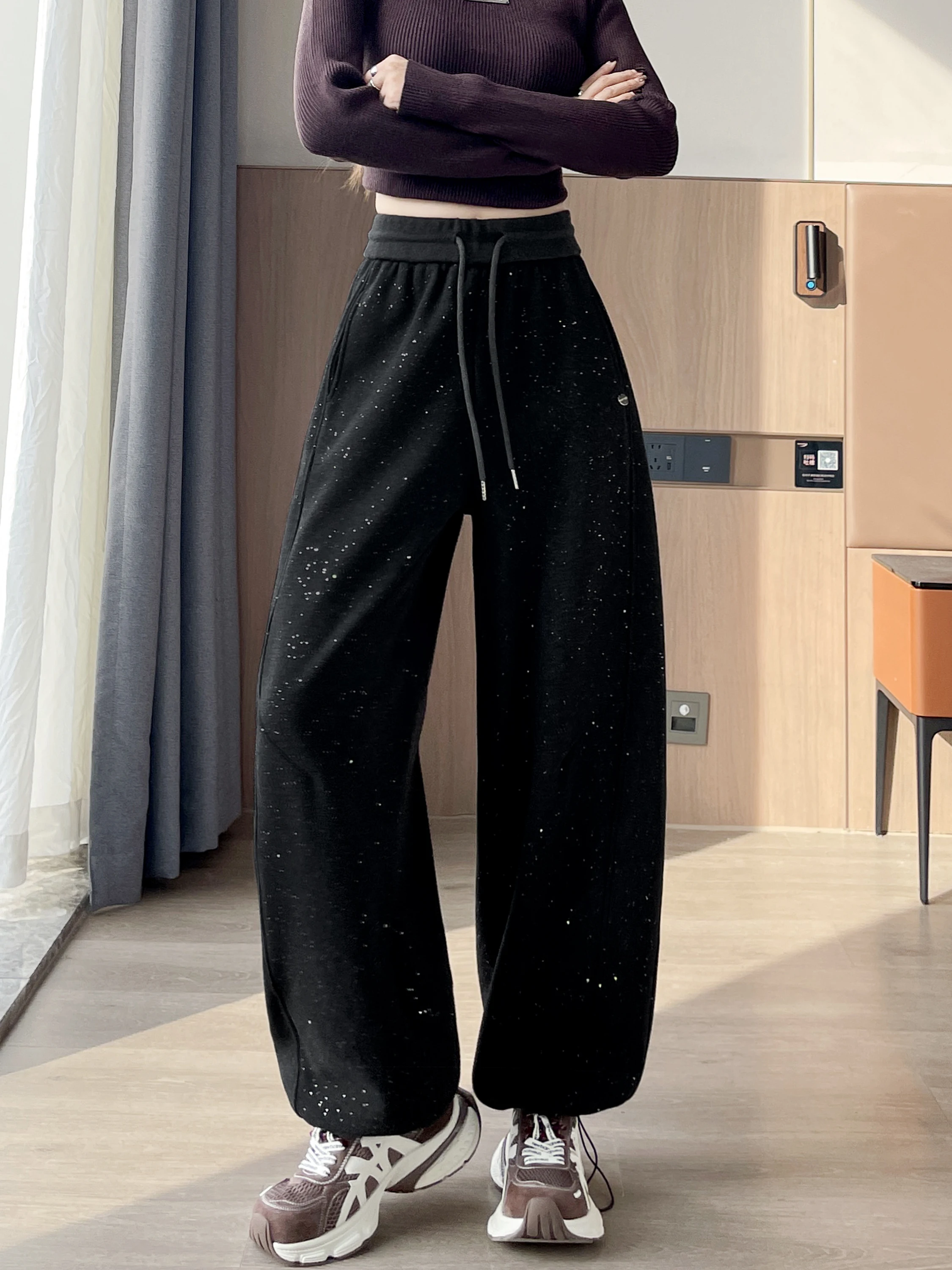 Spodnie z szerokimi nogawkami, ocieplane, z cekinami, damskie, zimowe, z wysokim stanem, wyszczuplające, sportowe spodnie dresowe, codzienne, z efektem noża...