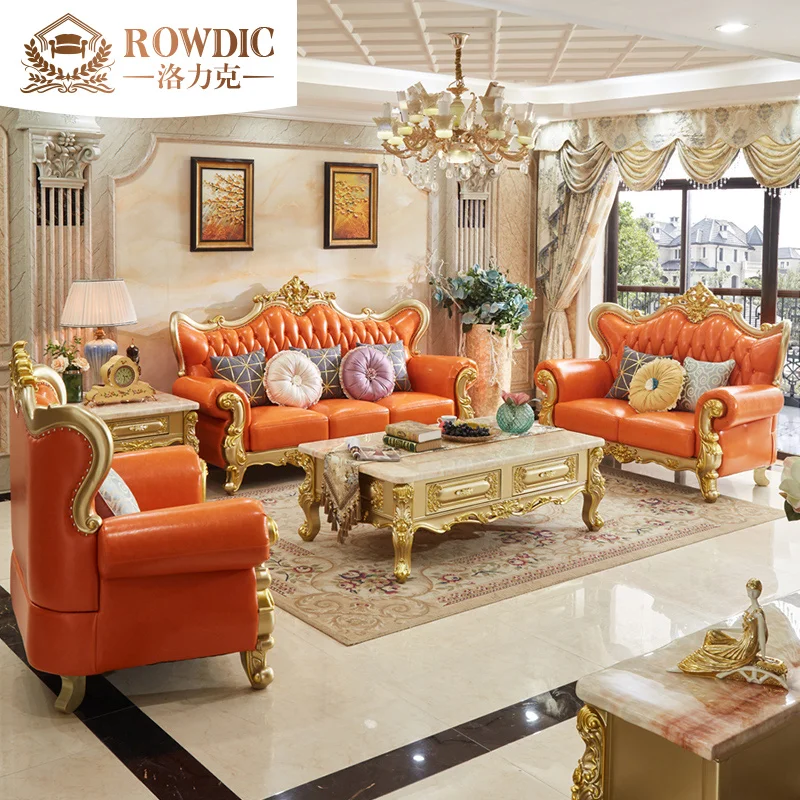 European style sofa combination solid wood large family first floor cowhide 123 living room villa high-end furniture