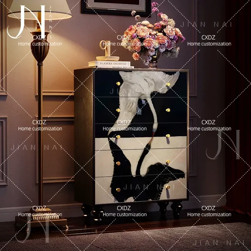 French retro chest of drawers solid wood inverted swan decorative cabinet living room wall storage cabinet bedroom bedside