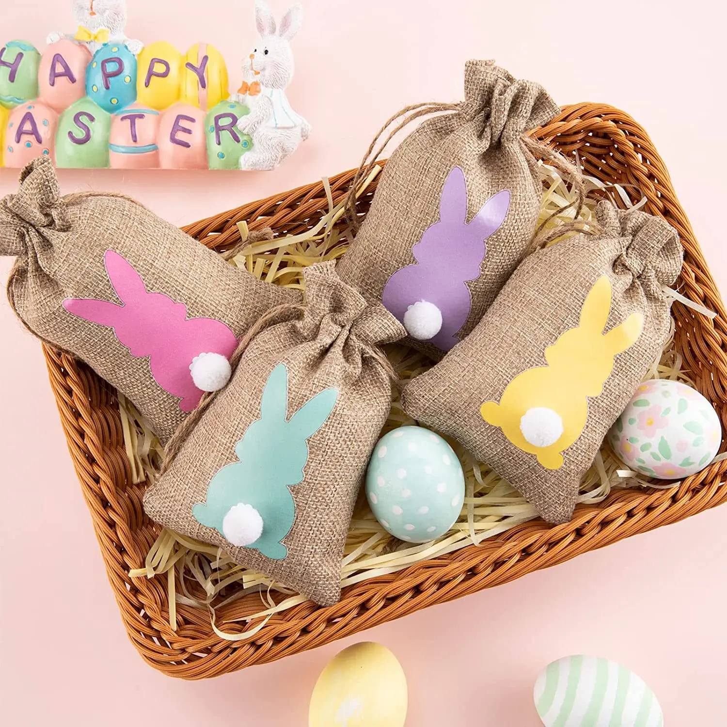 6/12pcs Linen Easter Gift Bag Spring Easter Party Bunny Candy Cookie Pack Bags Kids Birthday Party Decoration Favor Rabbit Pouch