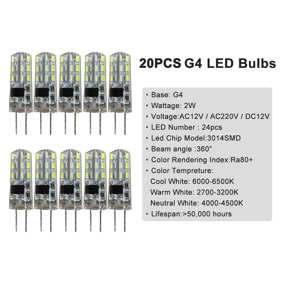 Mini G4 Lâmpada LED de Silicone, Decoração de lustre para casa, 2W, 3014SMD, 12V, 220V, 3000-6000K, 20pcs por lote