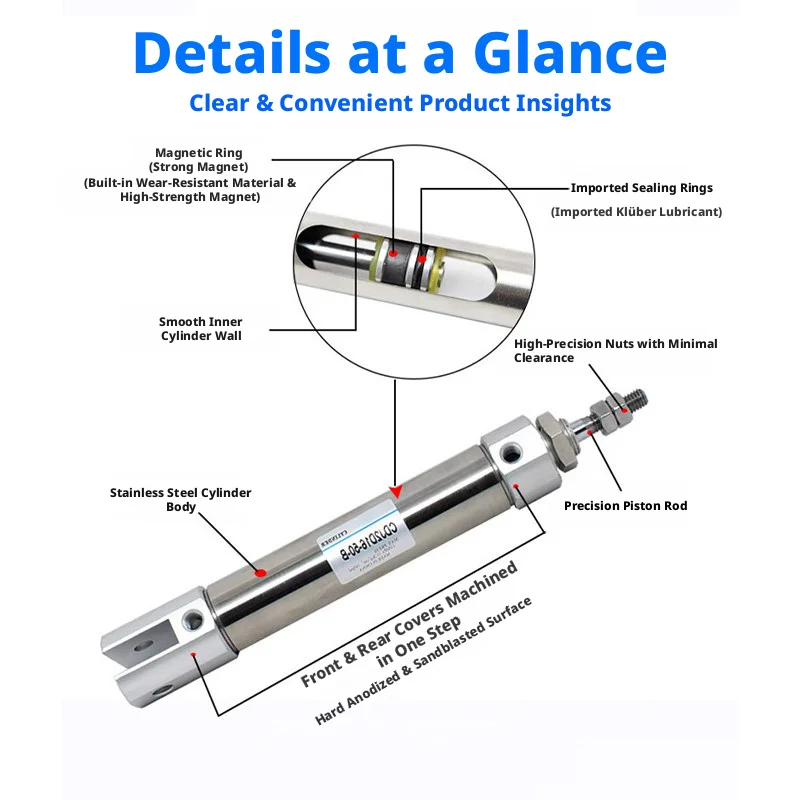 Single Action CDJ2B6, CDJ2B10, CDJ2B16 Pneumatic Air Cylinder Mini Small Magnetic Stainless Steel  Axial Air Inlet Single Rod