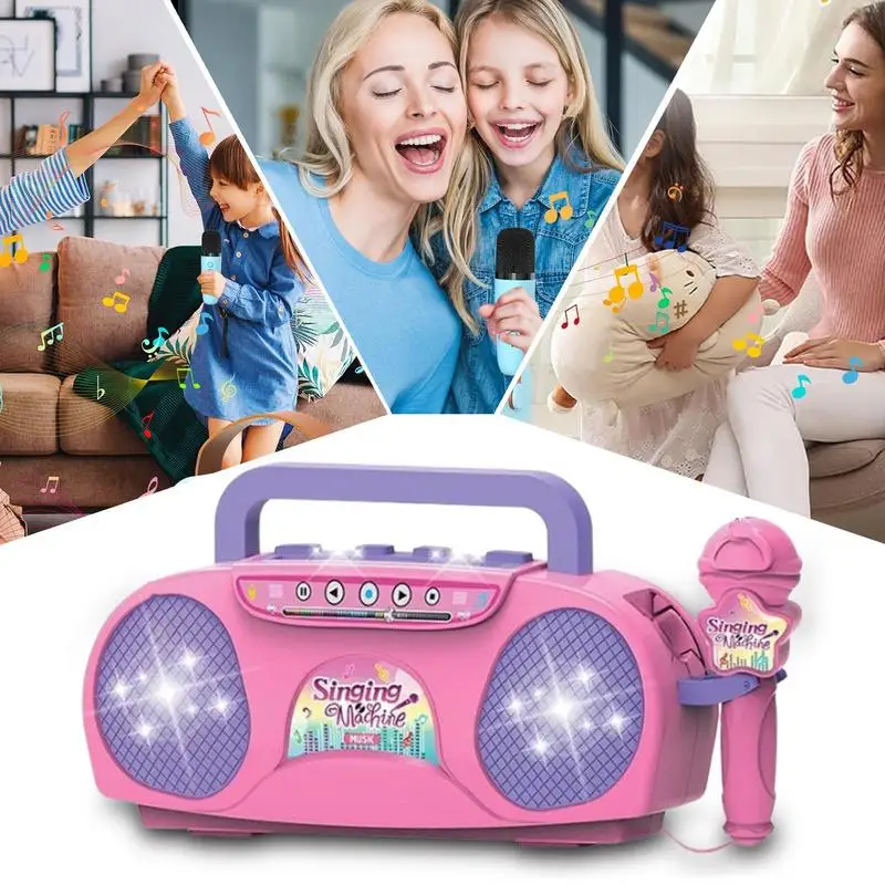 Macchina per karaoke per bambini Giocattoli per strumenti musicali con effetto di illuminazione Macchina per karaoke per bambini per adulti con microfoni e altoparlante