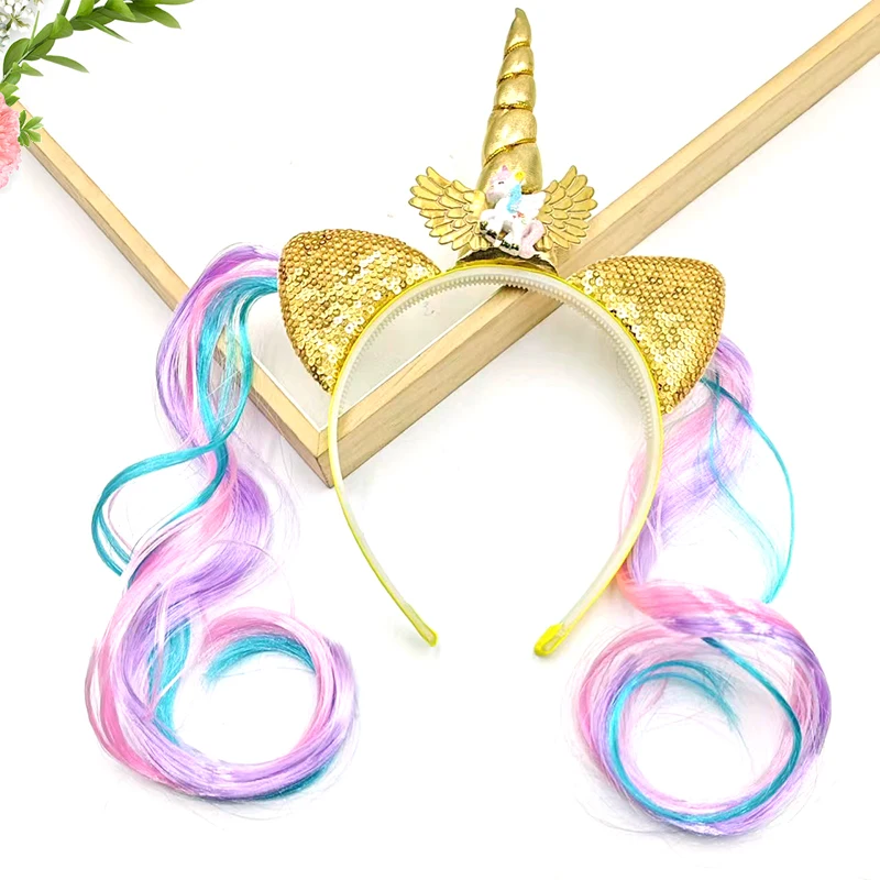 1Pcs Fashion Wig Ribbon Cartoon Cute Unicorn Hairbands Hair Hoop For Women Girls  Hair Accessories Headwear