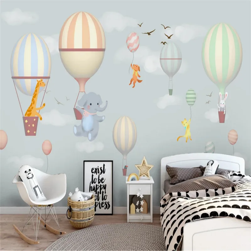 

Nordic Hot Air Balloons Elephant Bunny Mural Wallpaper for Kids Room Snowflake Cartoon Children's Room Background Wall Paper 3D