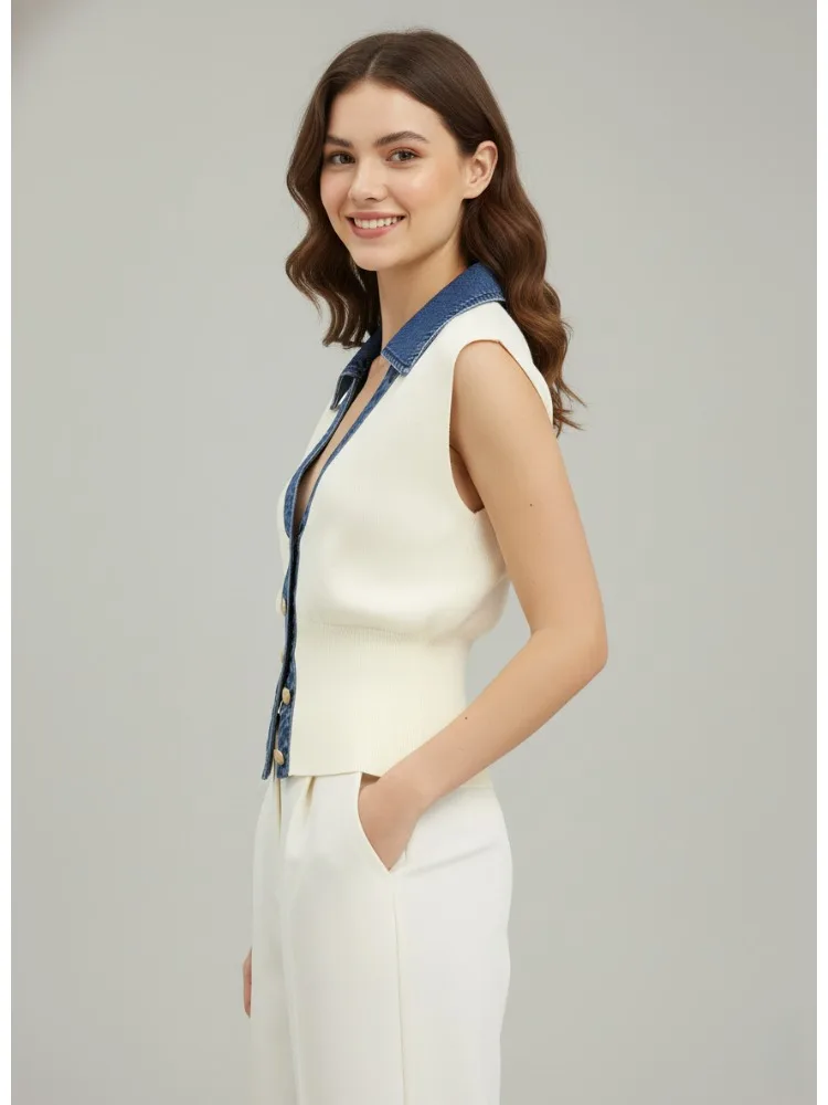 เสื้อกั๊กถักสีขาวสำหรับผู้หญิง แบรนด์ Bonboho แต่งปกเดนิมตัดต่อ ทรงครอป ติดกระดุม สไตล์เรโทรลำลองสำหรับฤดูร้อน รุ่นใหม่ปี 2026