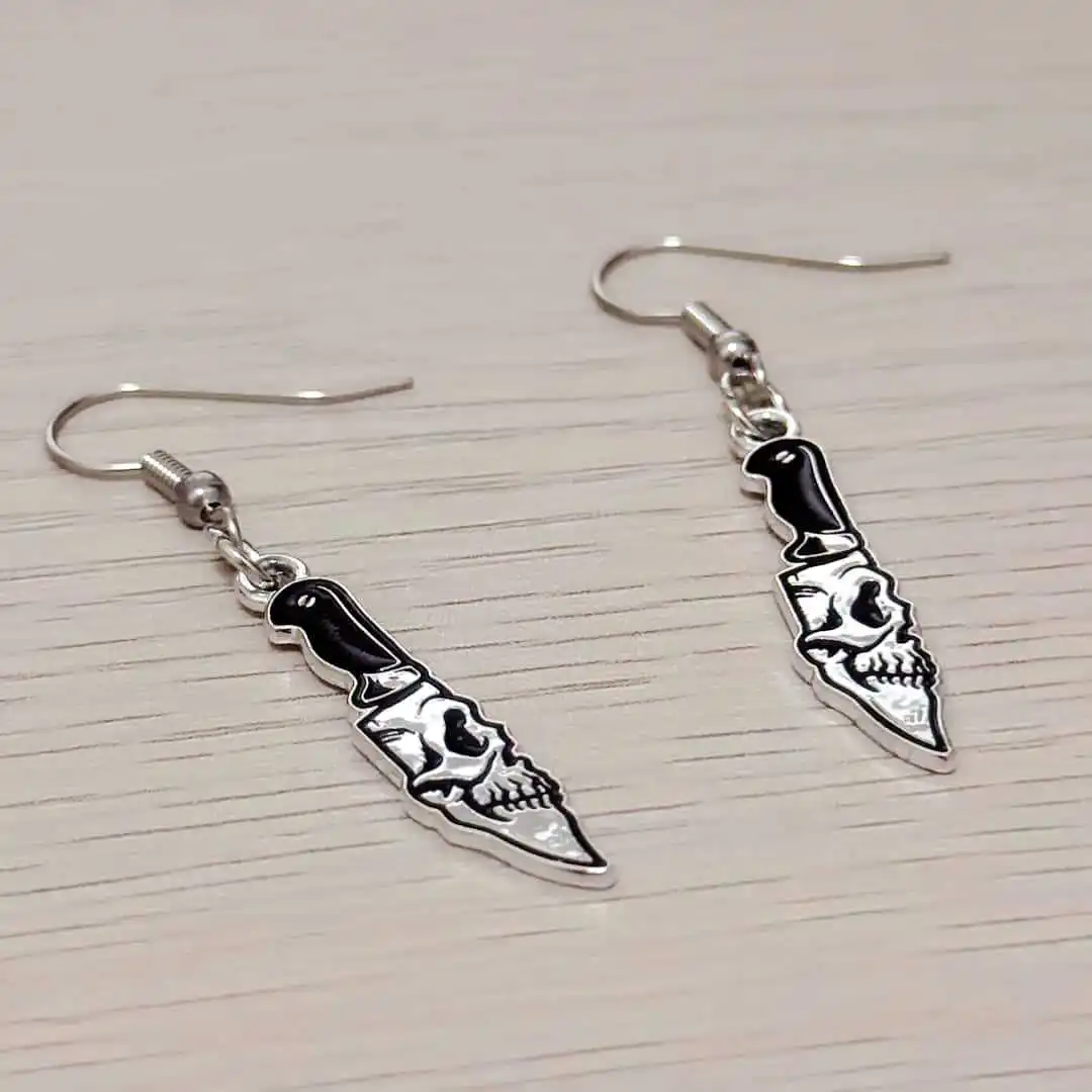 Skull knife earrings, Gothic jewelry, hippie, punk, horror, dagger, Halloween, alternative, personality, ear hooks For Women Man