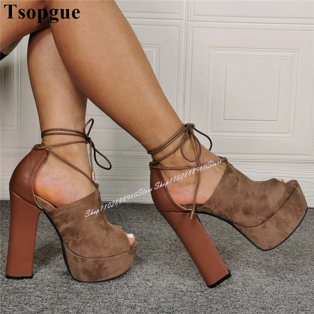 Lace-Up Coffee Color Flock Leather Platform Sandals Chunky High Heel Women Shoes Peep Toe 2024 Fashionable Zapatos Para Mujere