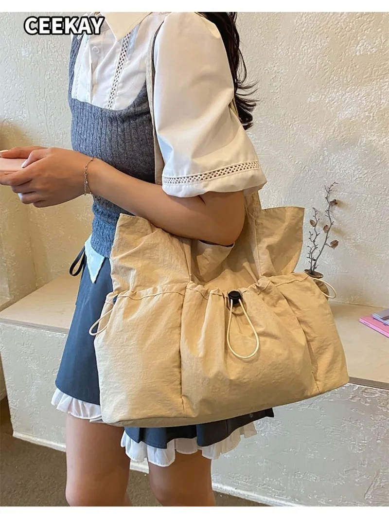 CEEKAY Solid Wrinkle Drawstring Tote Bag Side Elastic Toggle Wide Cloth Strap Women Daily School Large Casual Shoulder Purse