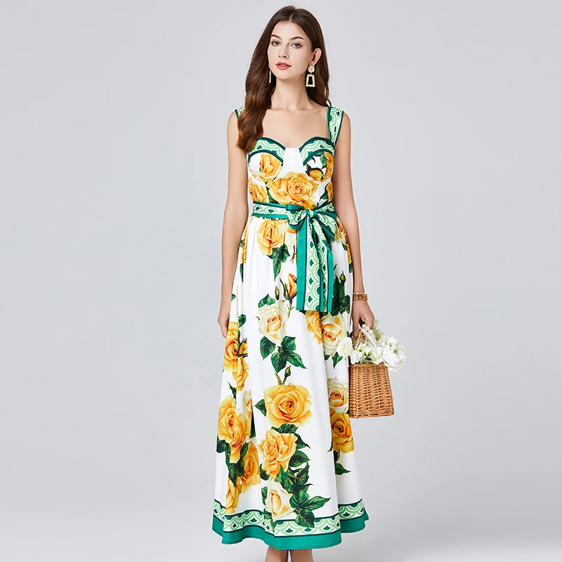 Runway Designer Holiday Print Dresses For Women Straps Sundress Belt Floral Pleated Long Maxi Beach Wear Prom Vestidos