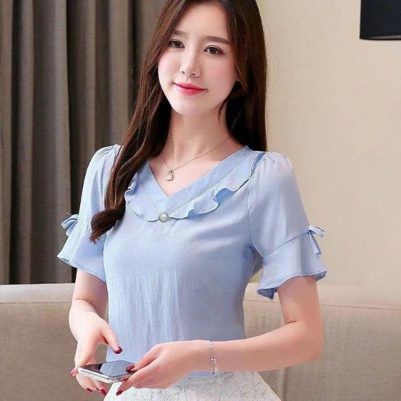 Women Clothing Summer Fashion Simplicity Solid Color Elegant V-neck Short Sleeve Shirts Women Casual All-match Temperament Tops
