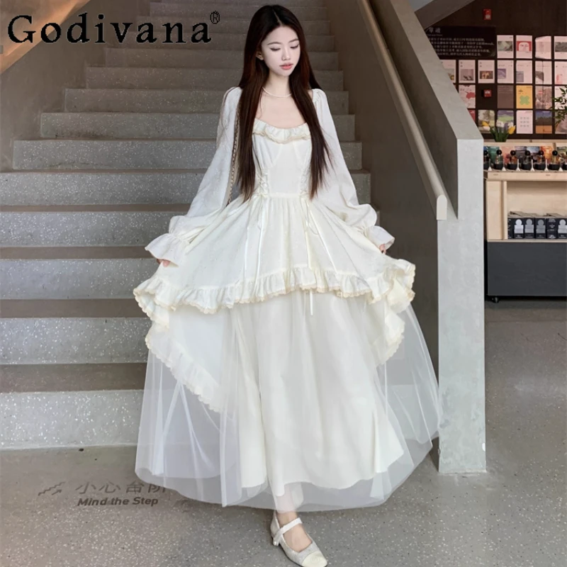 

Большой размер, темпераментное осеннее жаккардовое марлевое платье феи абрикосового цвета, милые платья с квадратным воротником, нерегулярные большие качели, платья с длинными рукавами