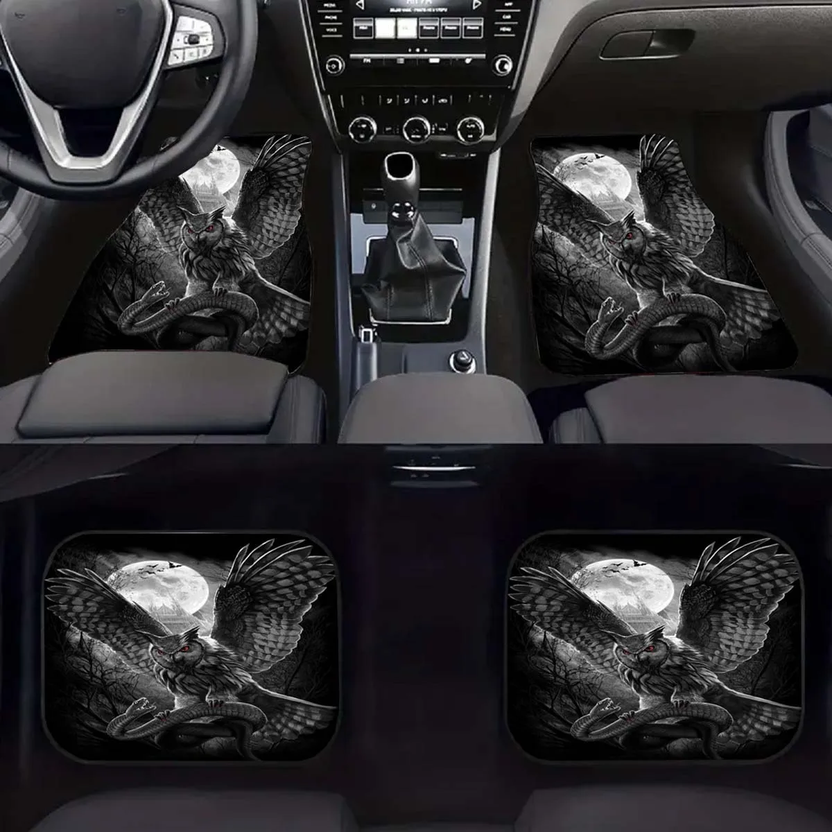 4pcs Owl & Snack Art Car Floor Mats - Black & White Moonlit Owl Design, Durable Polyester Fit For Most Cars, Front & Rear Seat P