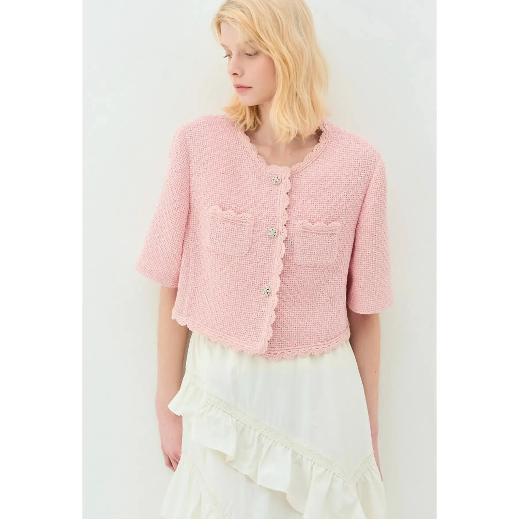 

NingYao Short Lace round Neck Fragrant Style Sweet Youthful Versatile Slimming Spring Summer Cotton Blend Women's Jacket