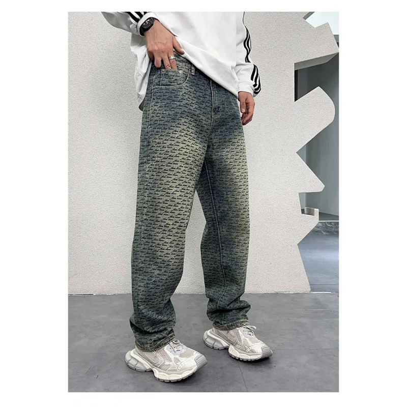 

High-End Quality Fashionable Printed Jeans Men's Autumn 2024 New Retro Washed Loose Wide Leg Straight Denim Trousers