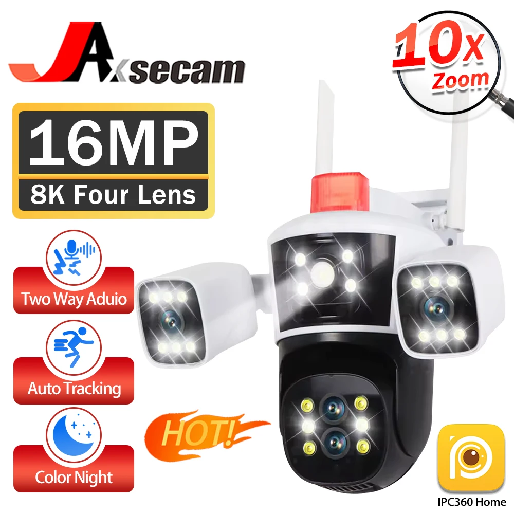 

16MP 8K Security Protection Camera WiFi Outdoor 10X Zoom Four Lens Three Screens CCTV Video Surveillance Auto Tracking PTZ Cam