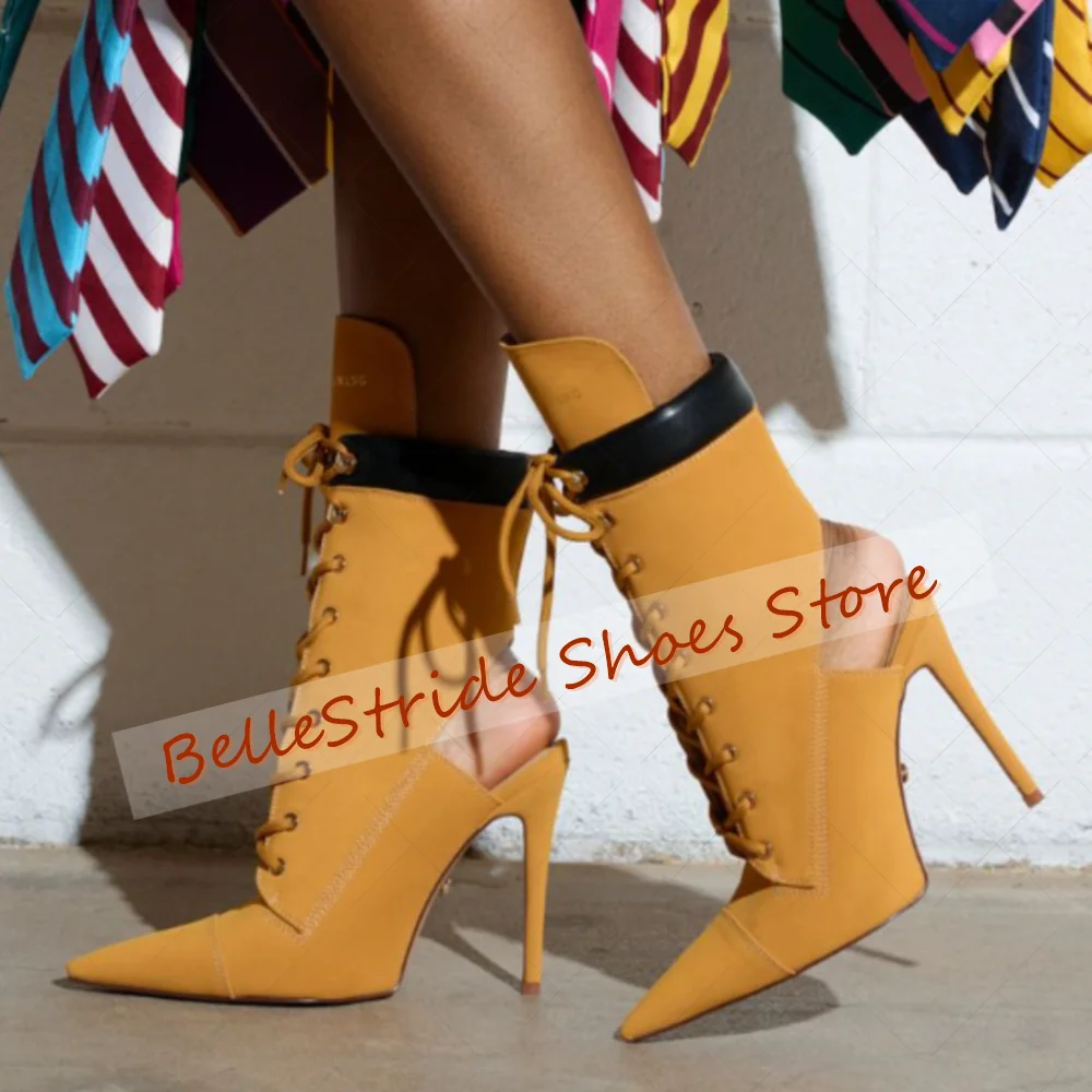 الأصفر أشار تو الدانتيل يصل حذاء من الجلد موضة أحذية النساء الخناجر عالية الكعب مأدبة الحفلات يؤرخ 2025 Zapatos Para Mujere