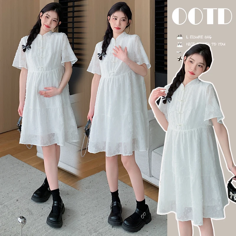 Summer Pregnant Women's Chinese Style Jacquard Dress Half Button Fly Stand Collar Maternity Dobby Dress Sweet White Party Dress