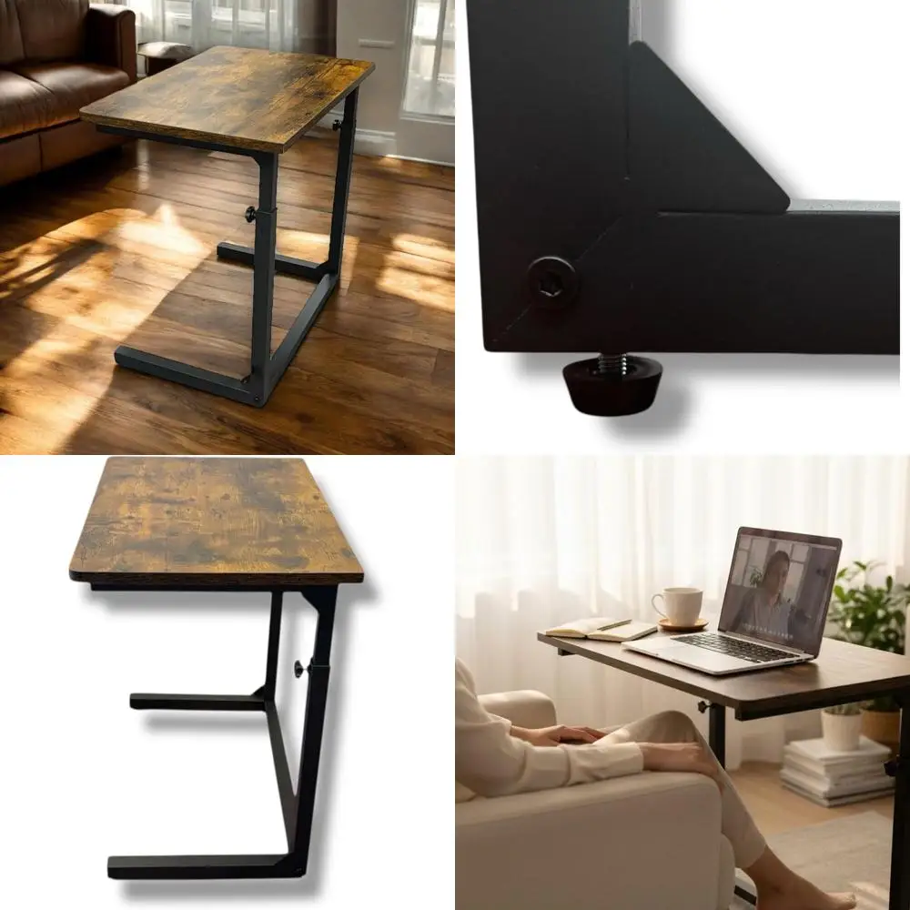 Adjustable Height Sofa Side C-Shape Laptop Desk, Rustic Brown End Stand